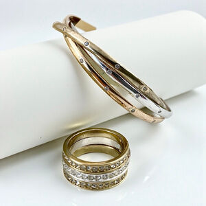 Vintage Tri Goldtone White, Pink, Yellow Rhinestone Bangle & Crystal Avon Rings.